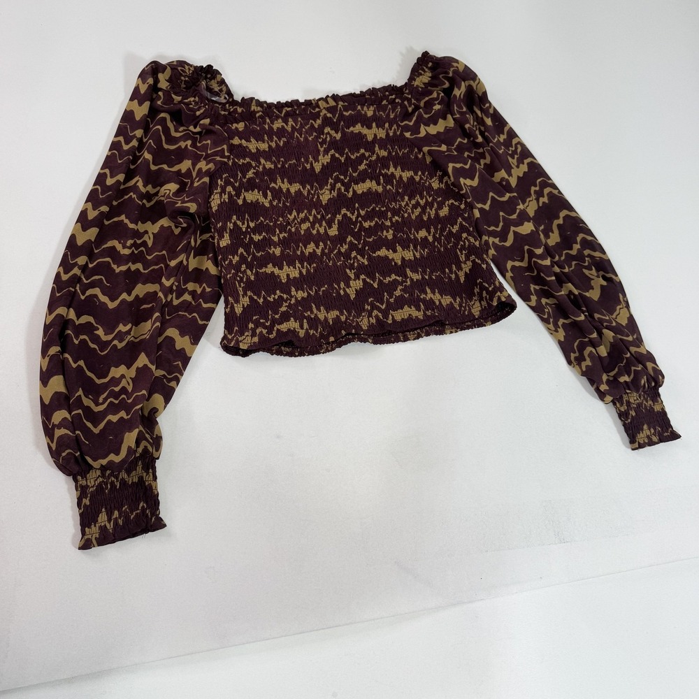 Versona Blouse Womens Large Brown Geometric Smocked Off Shoulder Crop Top Boho